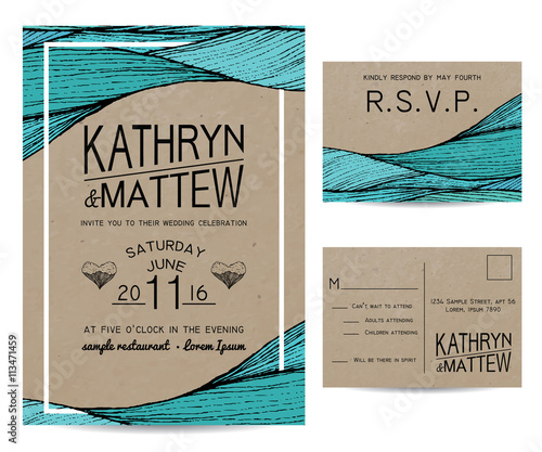 wedding invitation set with rsvp card. wavy ornament on kraft