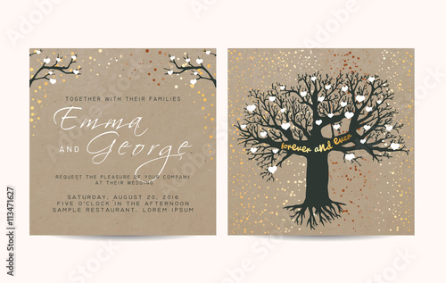 beautiful wedding invitation set on kraft paper, decorated with