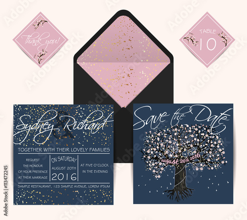 Beautiful wedding set with envelope, decorated with blooming tre