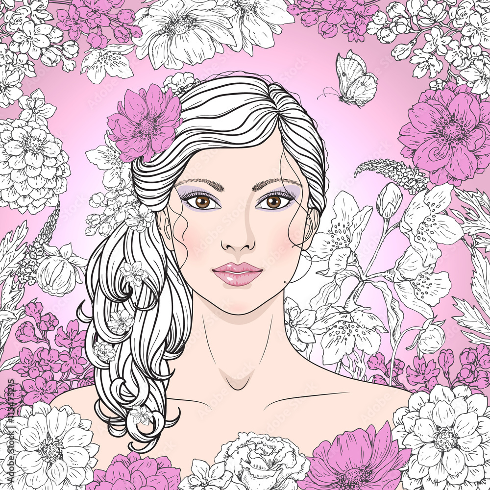 Girl with flowers and butterfly contoured image.