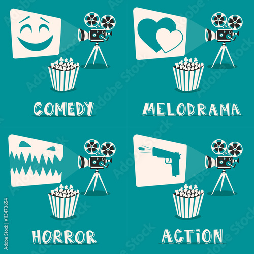 Movie genres poster. Cartoon vector illustration. Film projector and popcorn