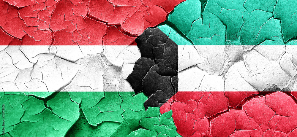 Hungary flag with Kuwait flag on a grunge cracked wall