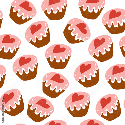favorite sweet cake/ vector illustration seamless pattern with cakes with red heart on white background 