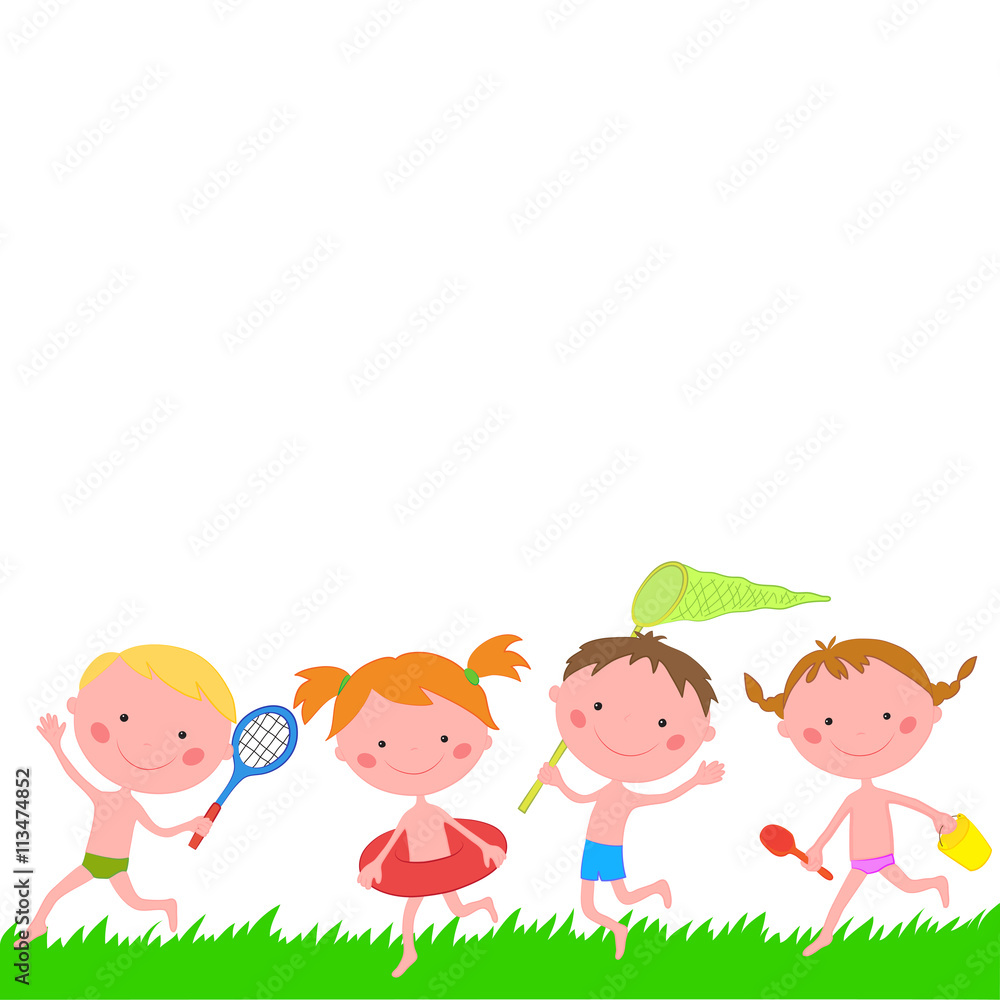 Children running on the grass with items for rest Children running on the grass with items for rest