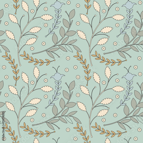 Decorative seamless pattern with different flowers and leaves on