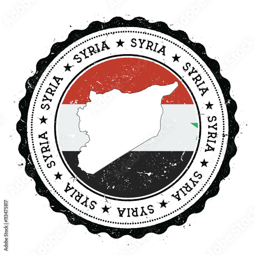 Syrian Arab Republic map and flag in vintage rubber stamp of state colours. Grungy travel stamp with map and flag of Syrian Arab Republic. Country map and flag vector illustration.