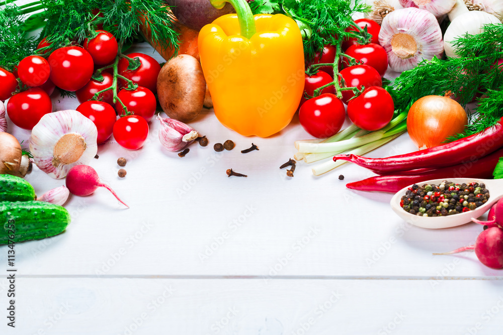 Beautiful background healthy organic eating. Studio photography the frame of different vegetables and mushrooms on the white boards with free space for you text Beautiful background healthy organic eating. Studio photography the frame of different vegetables and mushrooms on the white boards with free space for you text
