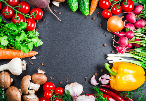 Beautiful background healthy organic eating. Studio photography the frame of different vegetables and mushrooms on vintage table with free space for you text