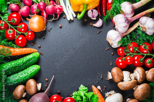 Beautiful background healthy organic eating. Studio photography the frame of different vegetables and mushrooms on vintage table with free space for you text