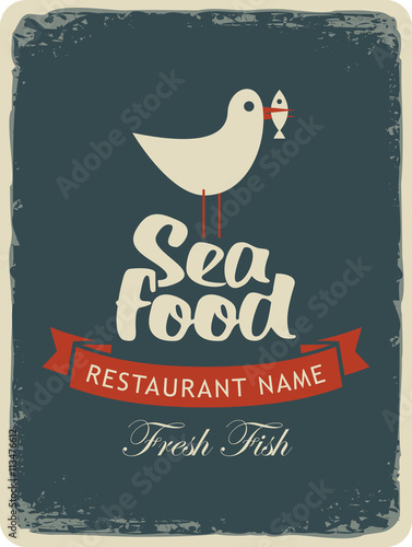 Retro banner for a seafood restaurant menu with a seagull with a fish in its beak
