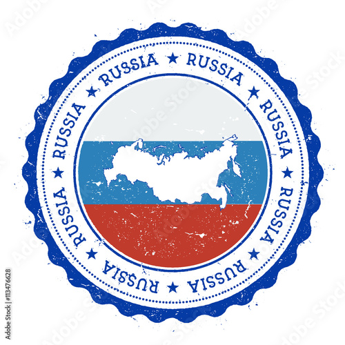 Russian Federation map and flag in vintage rubber stamp of state colours. Grungy travel stamp with map and flag of Russian Federation. Country map and flag vector illustration.