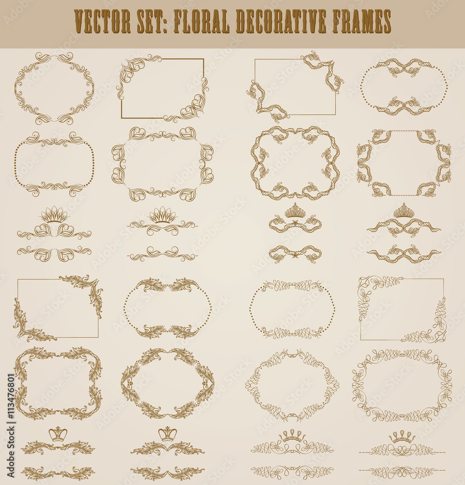 Vector set of decorative hand drawn border, divider, frame with floral elements for design of invitation, greeting, wedding, gift card, certificate, diploma, voucher. Page decoration in vintage style Vector set of decorative hand drawn border, divider, frame with floral elements for design of invitation, greeting, wedding, gift card, certificate, diploma, voucher. Page decoration in vintage style