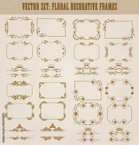 Vector set of decorative hand drawn border, divider, frame with floral elements for design of invitation, greeting, wedding, gift card, certificate, diploma, voucher. Page decoration in vintage style