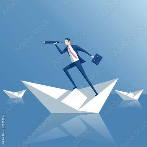 Business man on a paper boat. Business concept searching and risks