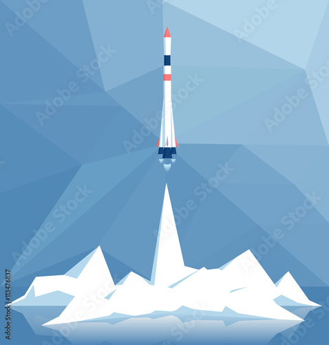 vector illustration of the take-off of the carrier rocket on a polygonal background  and polygon smoke, concept startup
