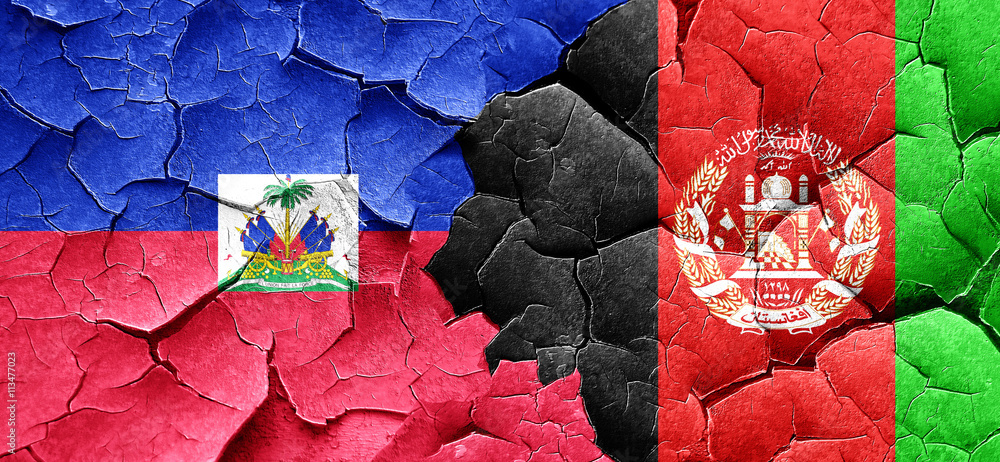 Haiti flag with afghanistan flag on a grunge cracked wall