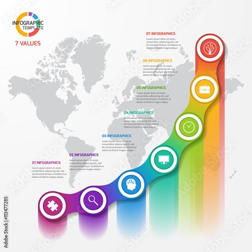 Line graph infographic template for charts and diagrams. Business, education, industry, science concept with 7 values, options, parts, steps, processes.