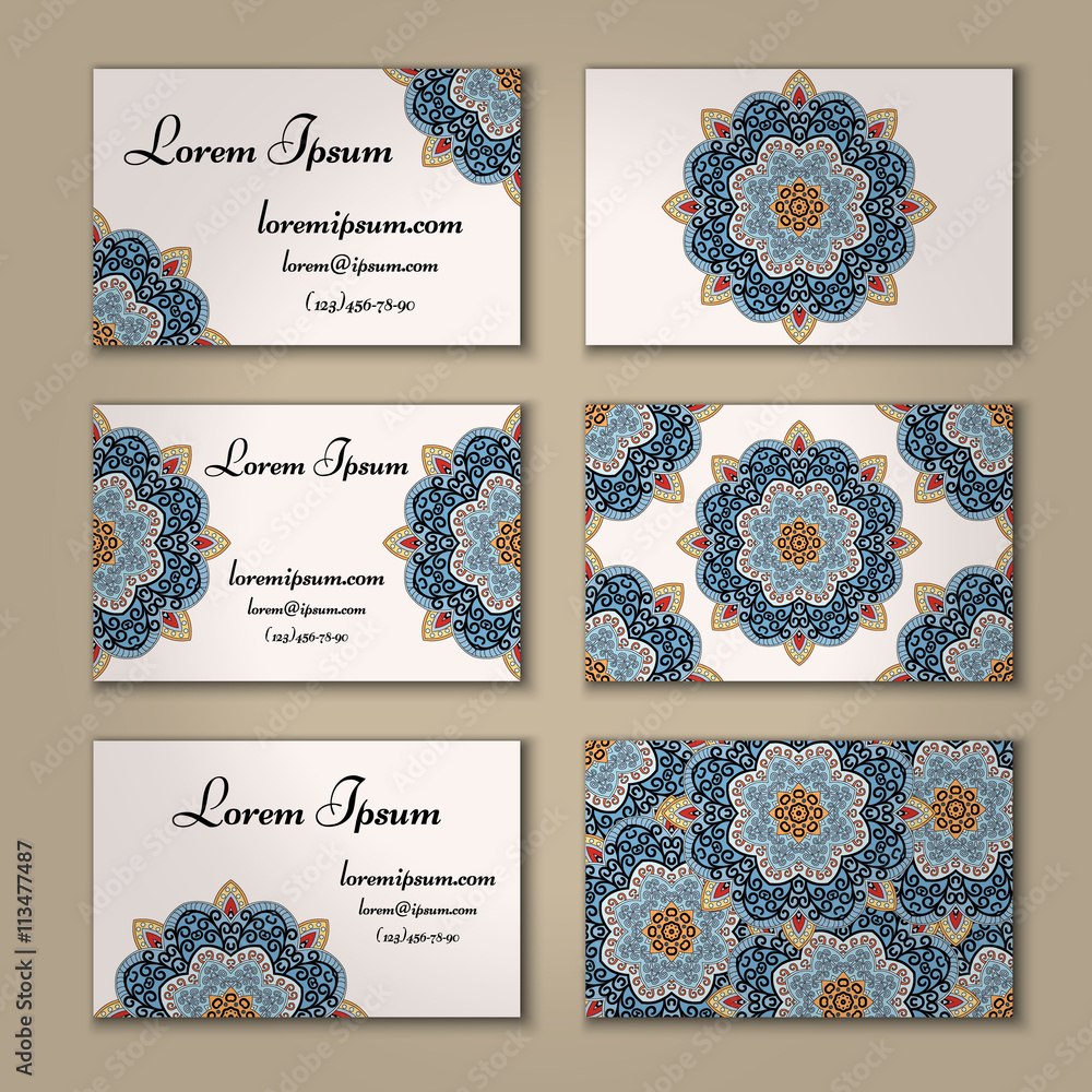 Fototapeta premium visiting and business card set with mandala. Abstract oriental design layout. Front back page.