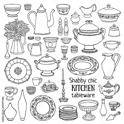Hand drawn vector illustration shabby-chic style kitchen set. Black and white sketch of dishes isolated on white background