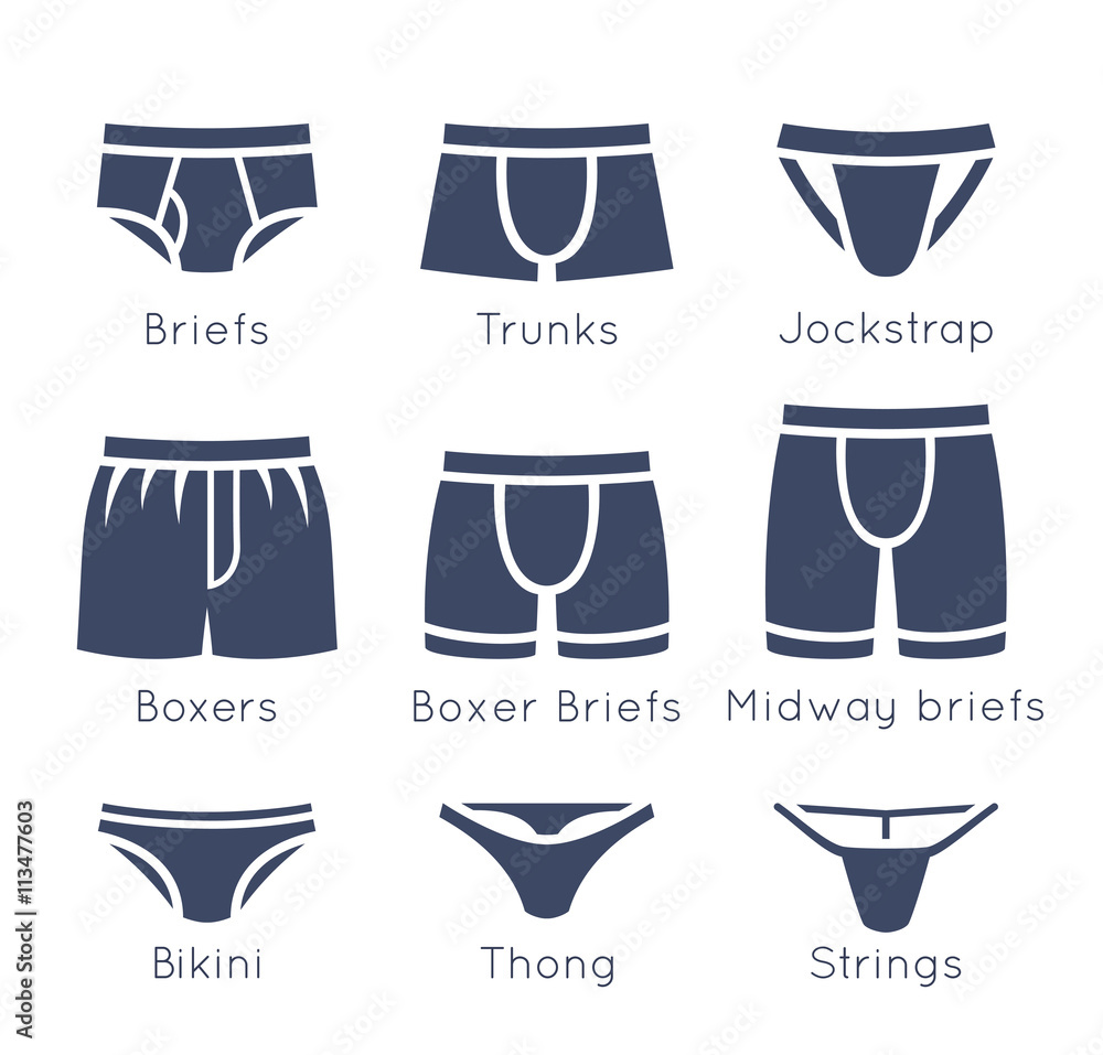 Male underwear types flat silhouettes vector icons set. Man briefs fashion  styles. Front view. Underclothes infographic design elements. Classic  briefs, boxers, trunks, bikini, string, thong. Isolated Векторный объект  Stock