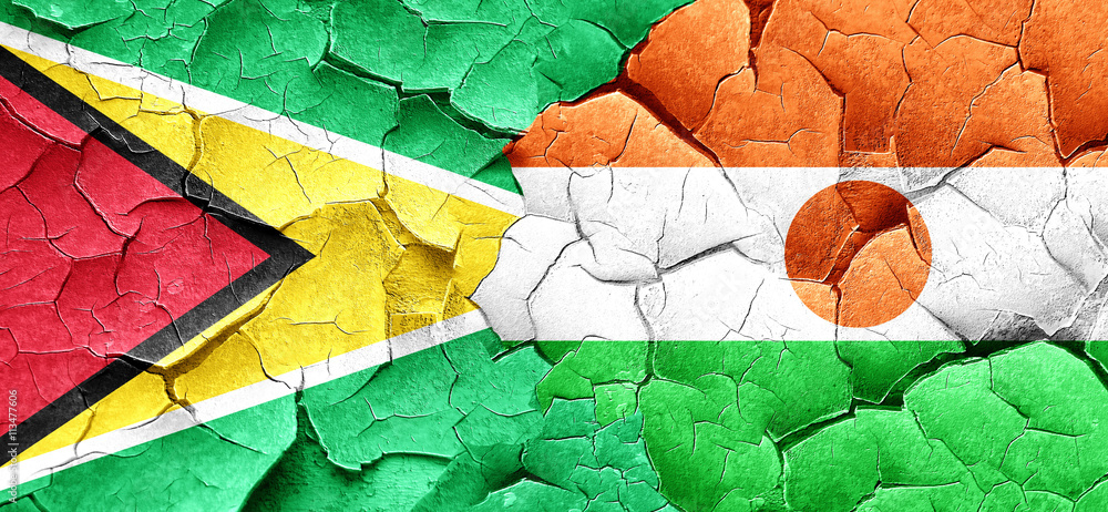 Guyana flag with Niger flag on a grunge cracked wall