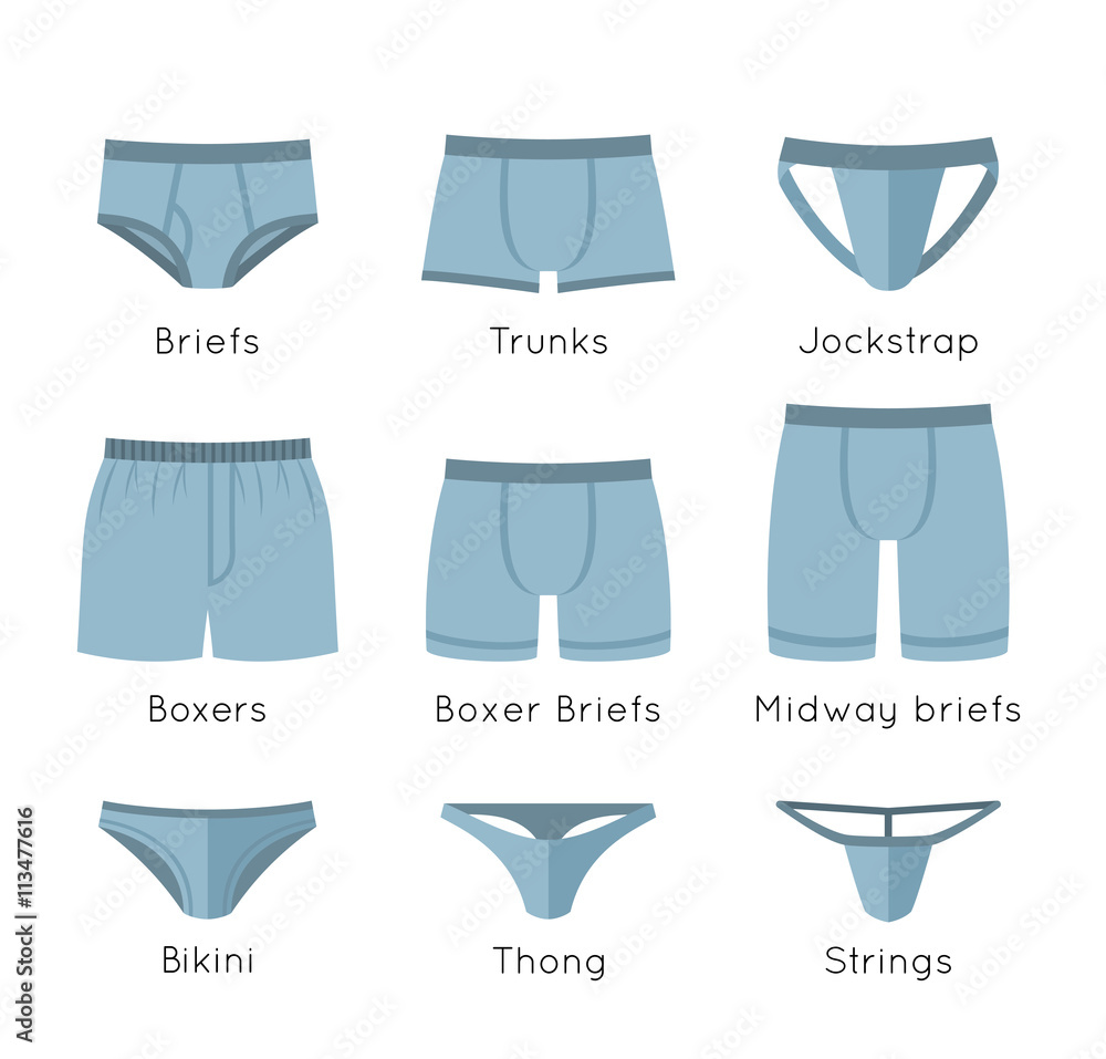 Vecteur Stock Male underwear types flat vector icons set. Modern man briefs  fashion styles collection. Front view. Underclothes infographic design  elements. Classic briefs, boxers, trunks, bikini, strings, thong | Adobe  Stock