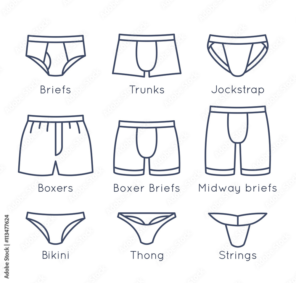 Male underwear types flat thin line vector icons set. Man briefs fashion styles linear collection. Front view. Underclothes infographic elements. Classic briefs, boxers, trunks, bikini, strings, thong - obrazy, fototapety, plakaty 
