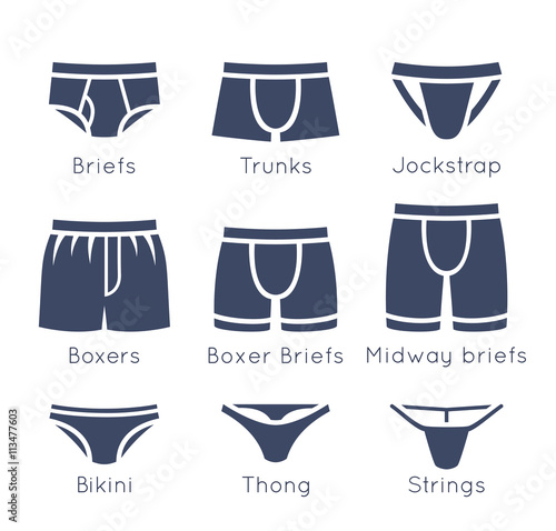 Male underwear types flat silhouettes vector icons set. Man briefs fashion styles. Front view. Underclothes infographic design elements. Classic briefs, boxers, trunks, bikini, string, thong. Isolated