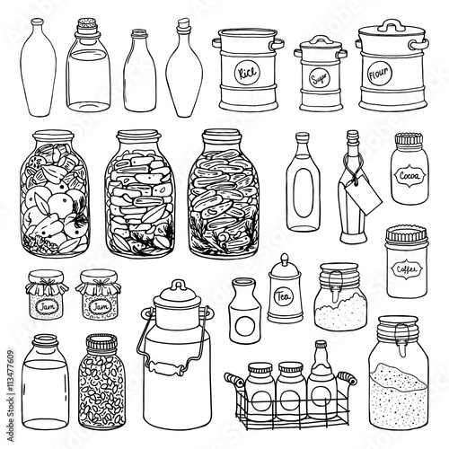 Hand drawn vector illustration set of different shape jars and bottle. Black and white sketch of canning
