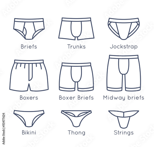Male underwear types flat thin line vector icons set. Man briefs fashion styles linear collection. Front view. Underclothes infographic elements. Classic briefs, boxers, trunks, bikini, strings, thong photo