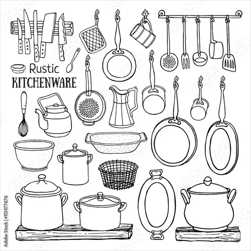 Doodle sketch of retro pots and pans on the shelves.