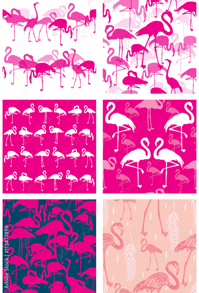 Fototapeta premium Set of Seamless patterns with flamingoes