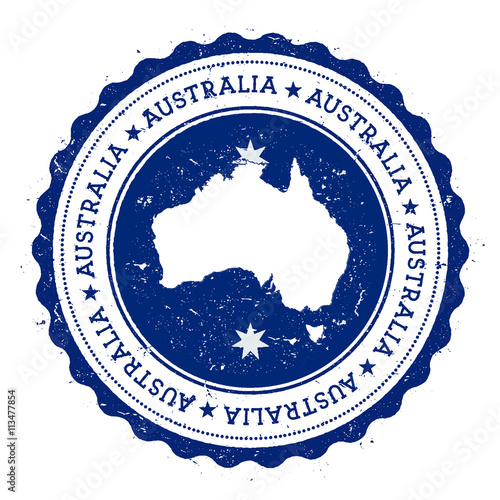 Australia map and flag in vintage rubber stamp of state colours. Grungy travel stamp with map and flag of Australia. Country map and flag vector illustration.