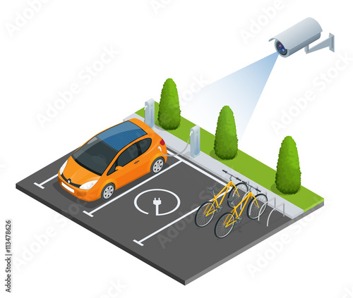 CCTV security camera on isometric illustration of electric car parking. 3d isometric vector illustration.