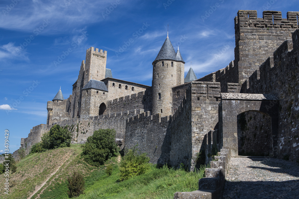 View to the walls of the Carcassonne town.