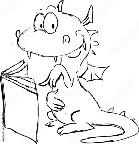 dragon reading in book cartoon - vector illustration sketch
