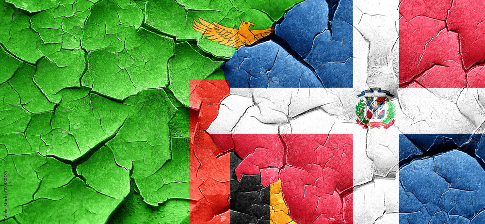 Zambia flag with Dominican Republic flag on a grunge cracked wal