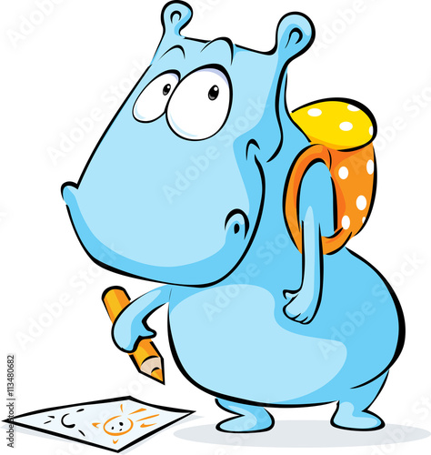 funny hippo with school bag and crayon drawing - vector illustration