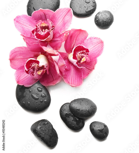 Spa stones and beautiful pink orchids on white background