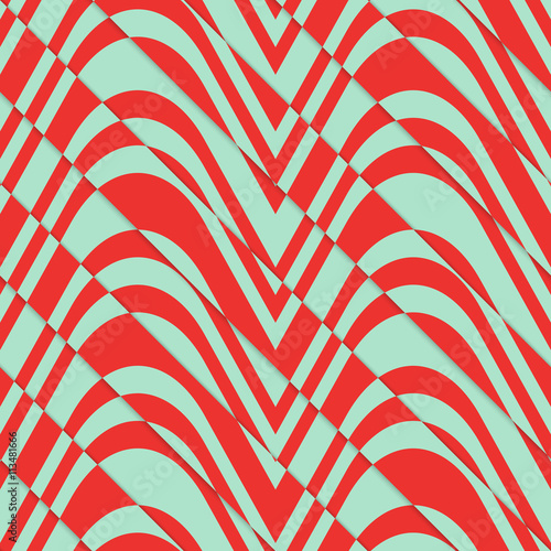 Retro 3D bulging red and green waves diagonally cut