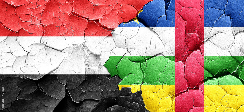 Yemen flag with Central African Republic flag on a grunge cracke