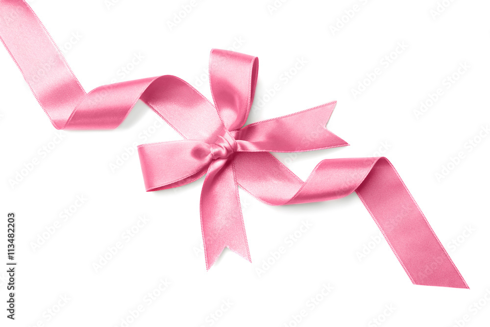 Pink ribbon with bow on white background