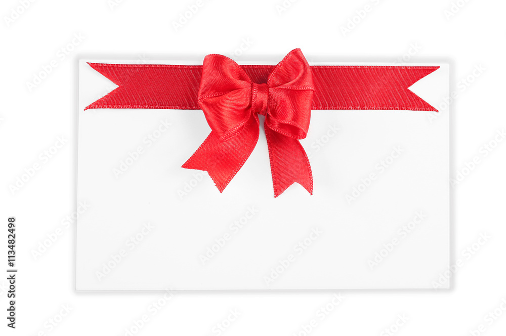 Note card with ribbon bow on white background Note card with ribbon bow on white background
