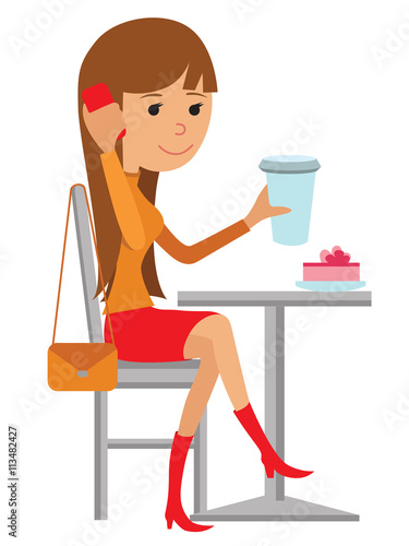 Coffee shop vector flat illustration. Young woman drink coffee at the table.