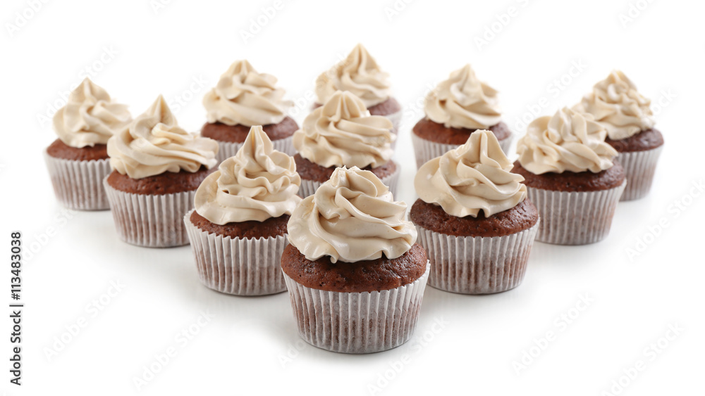 Tasty chocolate cupcakes, isolated on white Tasty chocolate cupcakes, isolated on white