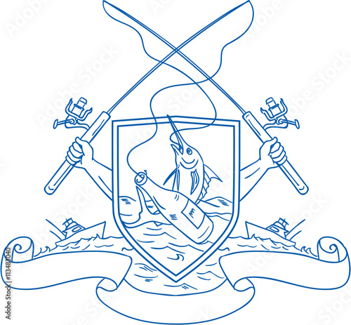 Fishing Rod Reel Hooking Blue Marlin Beer Bottle Coat of Arms Drawing