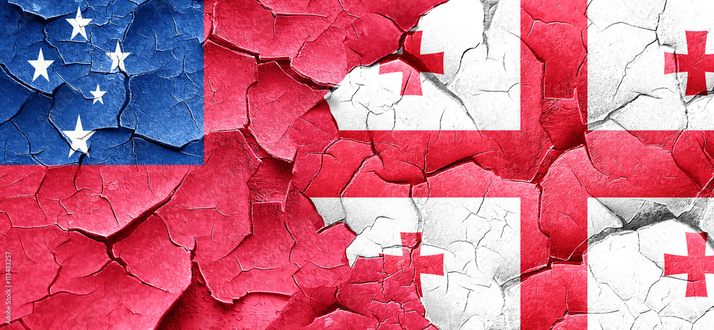 Samoa flag with Georgia flag on a grunge cracked wall Samoa flag with Georgia flag on a grunge cracked wall