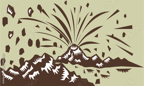 Volcano Eruption Island Woodcut