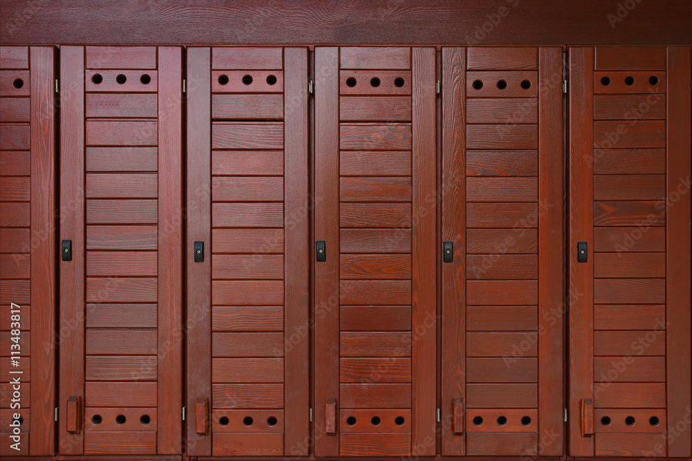 Fototapeta premium Wooden boxes in locker room closeup