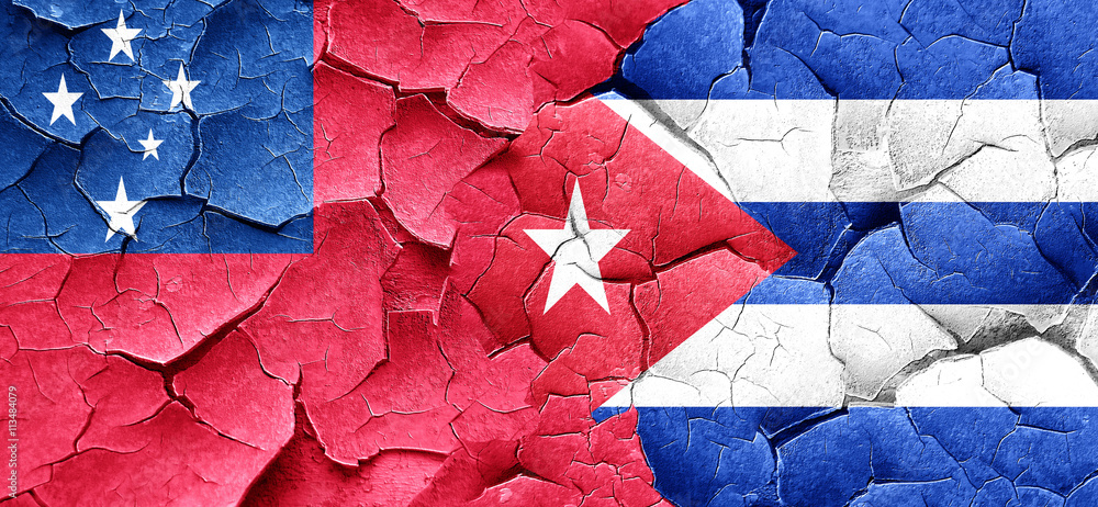 Samoa flag with cuba flag on a grunge cracked wall Samoa flag with cuba flag on a grunge cracked wall